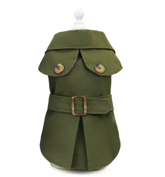 An Army green dog trench coat with a classic design, featuring a double-breasted buttoned front, a stylish collar, and a matching belt with a buckle for an elegant fit. Perfect for keeping pets warm and fashionable.