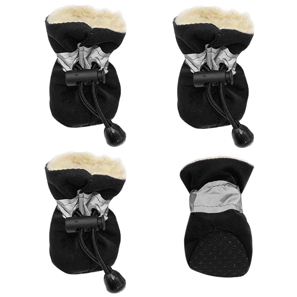 Four black dog boots with fleece lining and adjustable drawstrings. The boots are shown from various angles, highlighting features like the soft inner lining, reflective strip, and textured sole for grip. Designed to protect a dog's paws from cold weather and rough surfaces, they offer both functionality and comfort.

