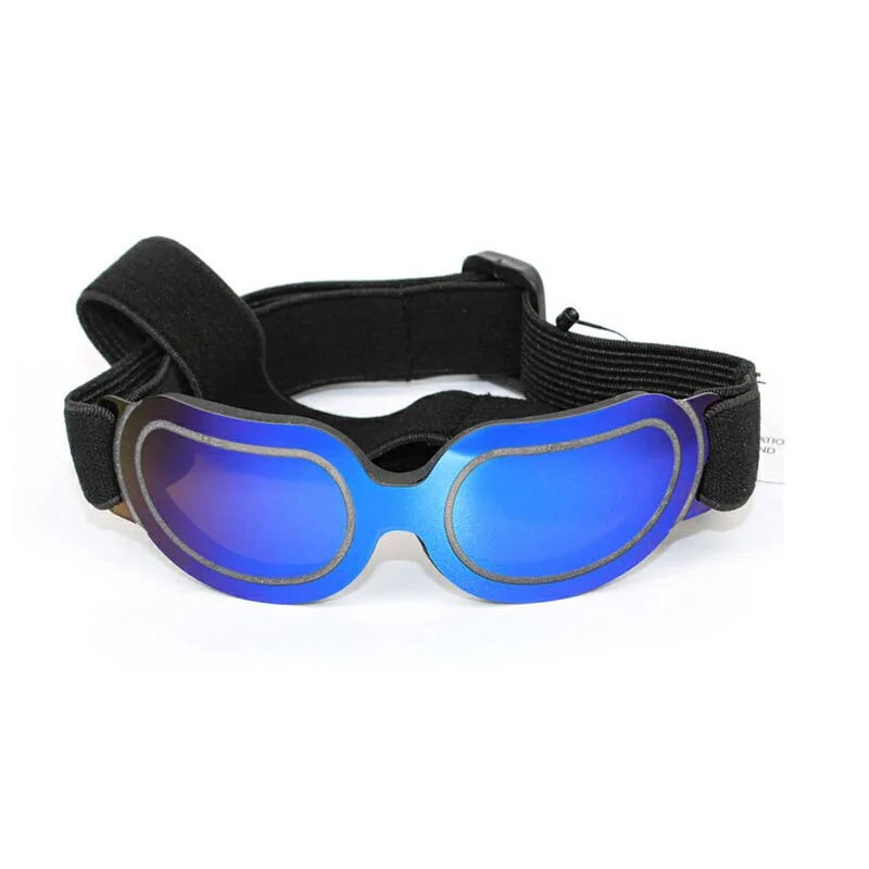 Pair of blue mirrored goggles with a black adjustable strap