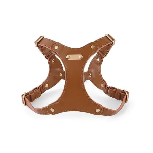 A brown leather harness with metal rivets and adjustable straps.