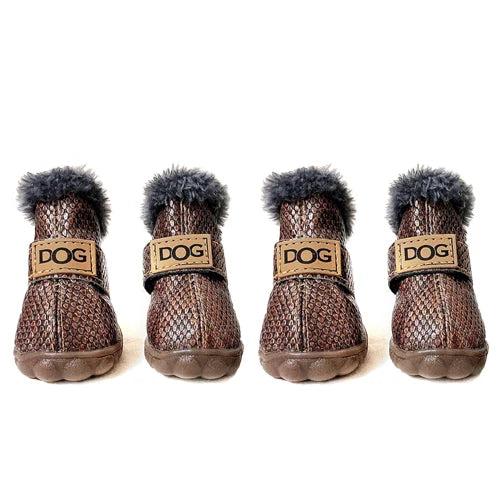 Four dark brown leather dog boots with grey fur lining, adjustable straps, and non-slip soles.